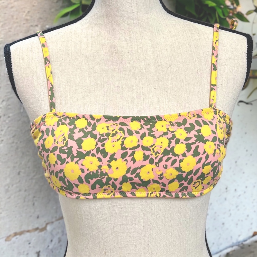 NWOT H&M Leopard Floral Padded Bikini Top Bandeau Swimsuit Tie Strap Pink Yellow